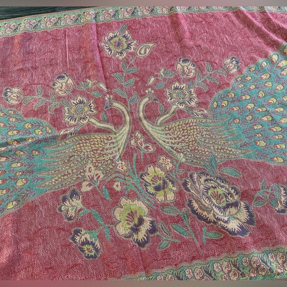 Peacock Reversible Pashmina Silk Large   Scarf Wrap Shawl Pink Mint - Picture 11 of 15